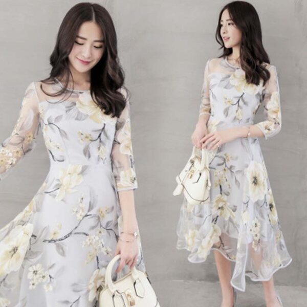 Fashion Round Neck Printed Organza Dress - Image 3