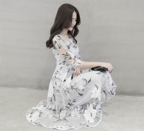 Fashion Round Neck Printed Organza Dress - Image 4