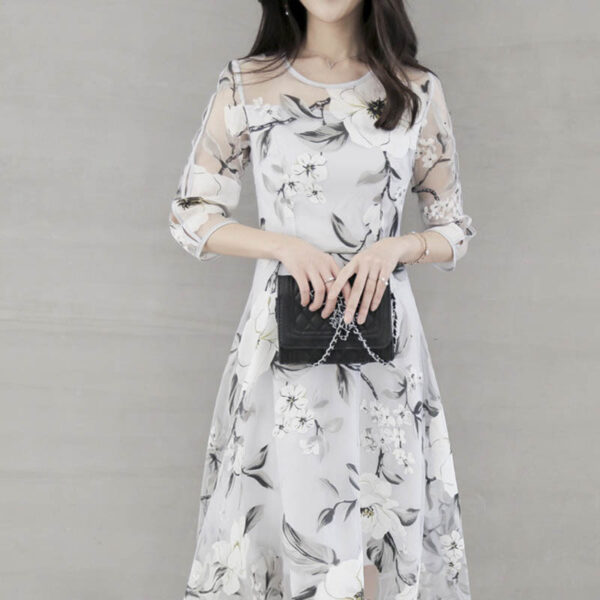 Fashion Round Neck Printed Organza Dress - Image 2